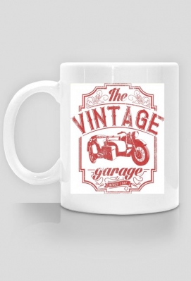 Kubek, nadruk: motocykl z wózkiem bocznym, napis Vintage garage - Motoryzacja na koszulkach