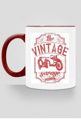 Kubek, nadruk: motocykl z wózkiem bocznym, napis Vintage garage - Motoryzacja na koszulkach