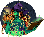 Atrakcyjna postać czarownicy/Wiedźmy z napisem Trick Or Treat! - kapelusz - księga - pajęczyna - dynia - grafika - komiks - męska koszulka