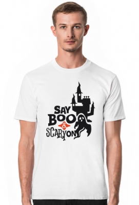 Say Boo & Scary On - zabawny napis - duch - zamek - Halloween - grafika - komiks - męska koszulka - Born to Design