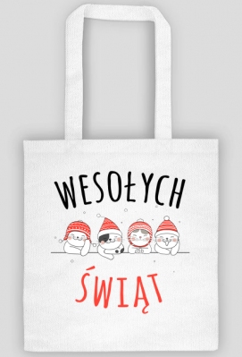 Urocze kotki w świątecznych czapkach. Napis Wesołych Świąt - Boże Narodzenie - Wigilia - śnieg - torba - Born to Design
