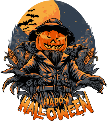 Straszna postać dyniogłowego stracha na wróble i upiorny napis Happy Halloween - kruki - nietoperze - grafika - komiks - męska koszulka