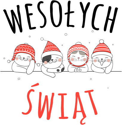 Urocze kotki w świątecznych czapkach. Napis Wesołych Świąt - Boże Narodzenie - Wigilia - śnieg - torba