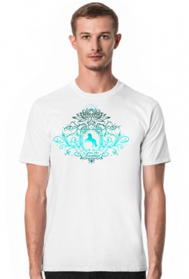 T-SHIRT MĘSKI KOLORY Z TURKUSOWYM KONIEM - Emblem with a Friesian Horse and a Lotus ©DH - ART - DH