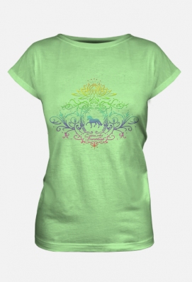 T-SHIRT DAMSKI FULLPRINT KIWI TĘCZOWY WZÓR Z KONIEM - Emblem with a Dressage Horse and a Lotus ©DH - ART - DH