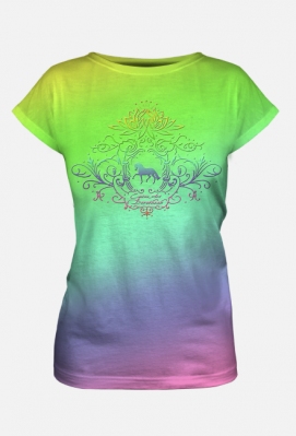T-SKIRT DAMSKI FULLPRINT TĘCZOWY Z KONIEM - Rainbow Dressage Horse ©DH - ART - DH