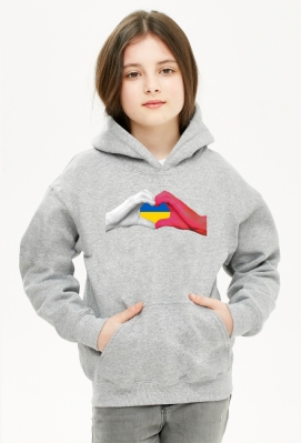 Bluza dziecięca z kapturem unisex "Polska pomaga Ukrainie" - symbol pomocy udzielonej Ukraińcom przez Polaków w obliczu wojny w Ukrainie (szara) - AWtv